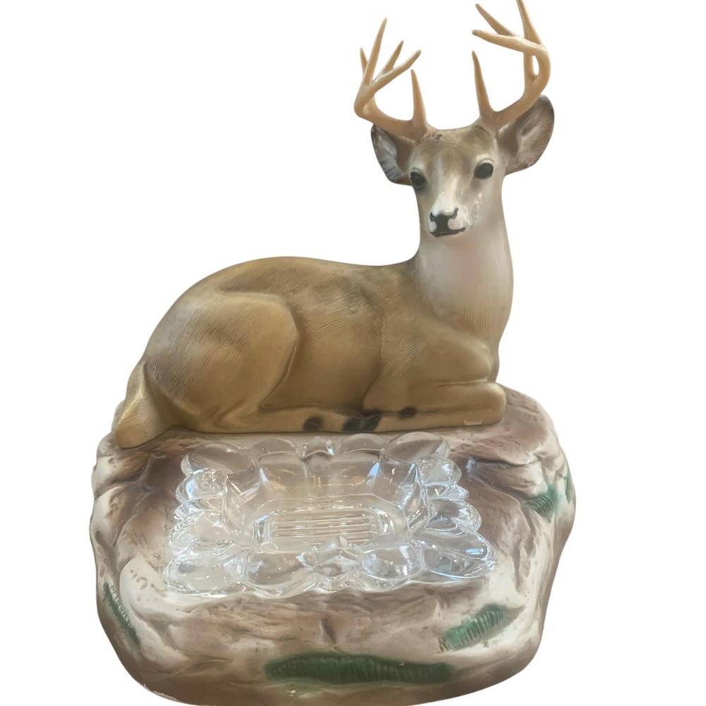Vintage 1950’s Chalk Ware Deer w Glass Ashtray Trinket Desk Accessory Soap Dish